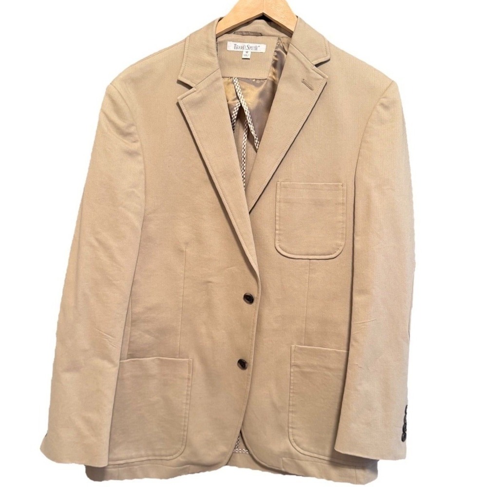 TravelSmith Mens Khaki Tan 100% Cotton 2‎ Button Blazer Sport Coat Jacket Size M
